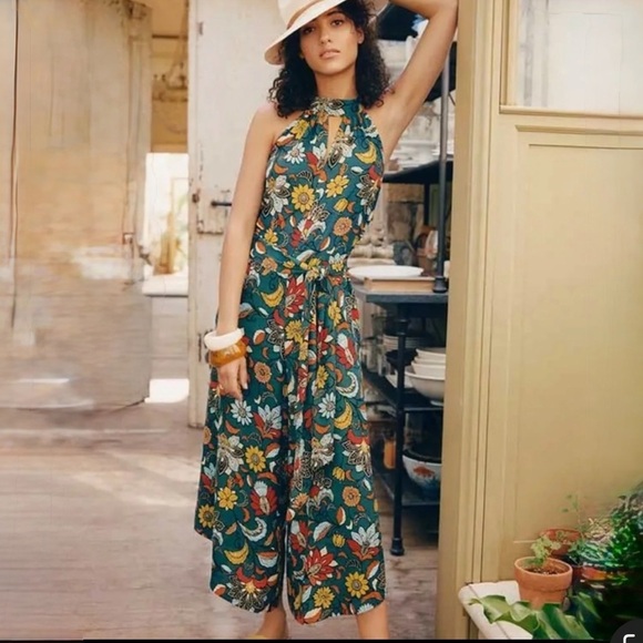 Anthropologie Geneva Halter Wide Leg Floral Jumpsuit Green Size XS - Picture 2 of 14